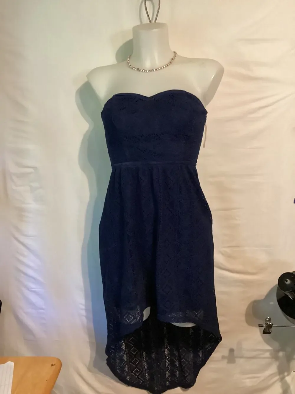 1142 Bailey Blue Strapless Open Bow Back Lace Maxi High Low Small Navy Blue